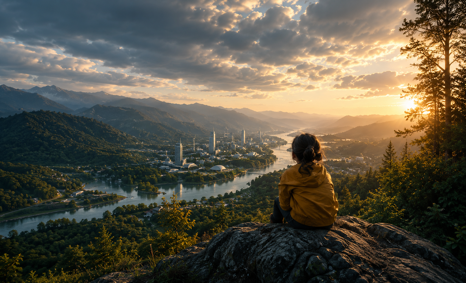 A person sitting on a mountain looking toward a valley